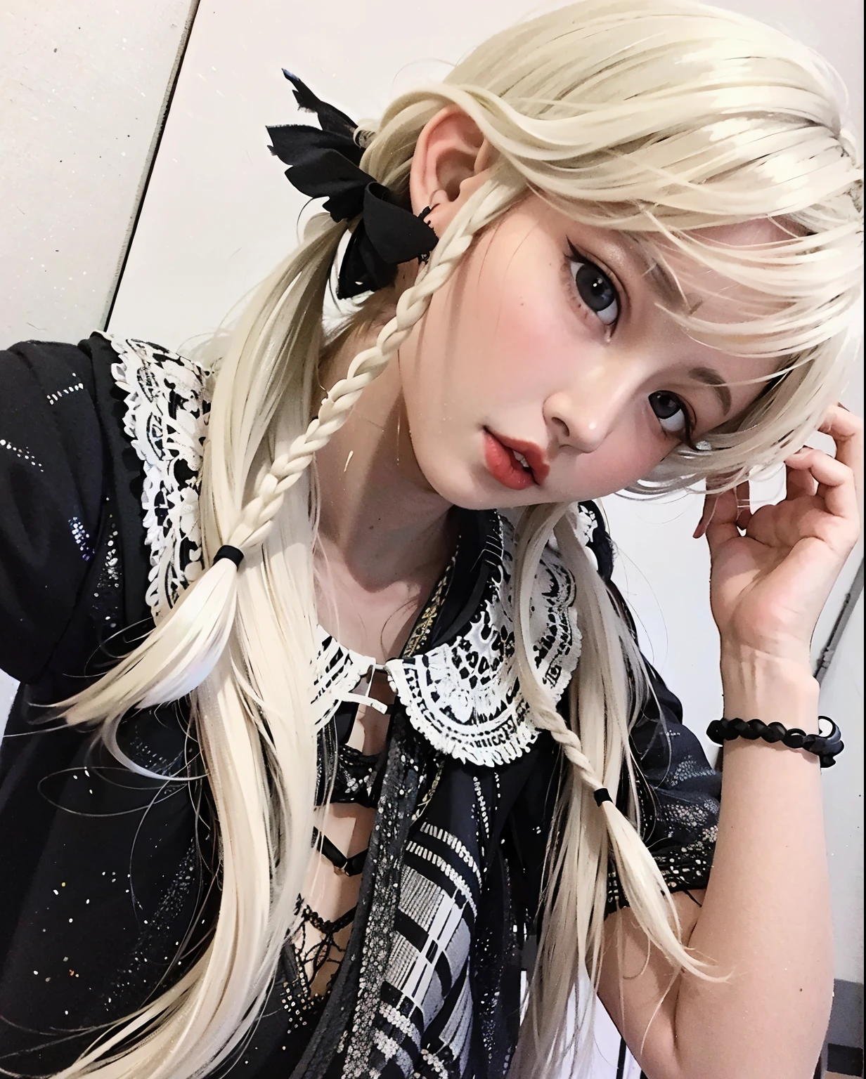 blonde girl with long braids and a black top,  perfeita de cabelos brancos, cabelo loiro com rabo de porco, cabelos brancos rosto bonito, com cabelos longos brancos, branco hime corte penteado, Kerli Koiv como Anime Girl, meninaabelo branco, long white braided hair, cabelos brancos intensos, goth girl aesthetic, com longos cabelos brancos