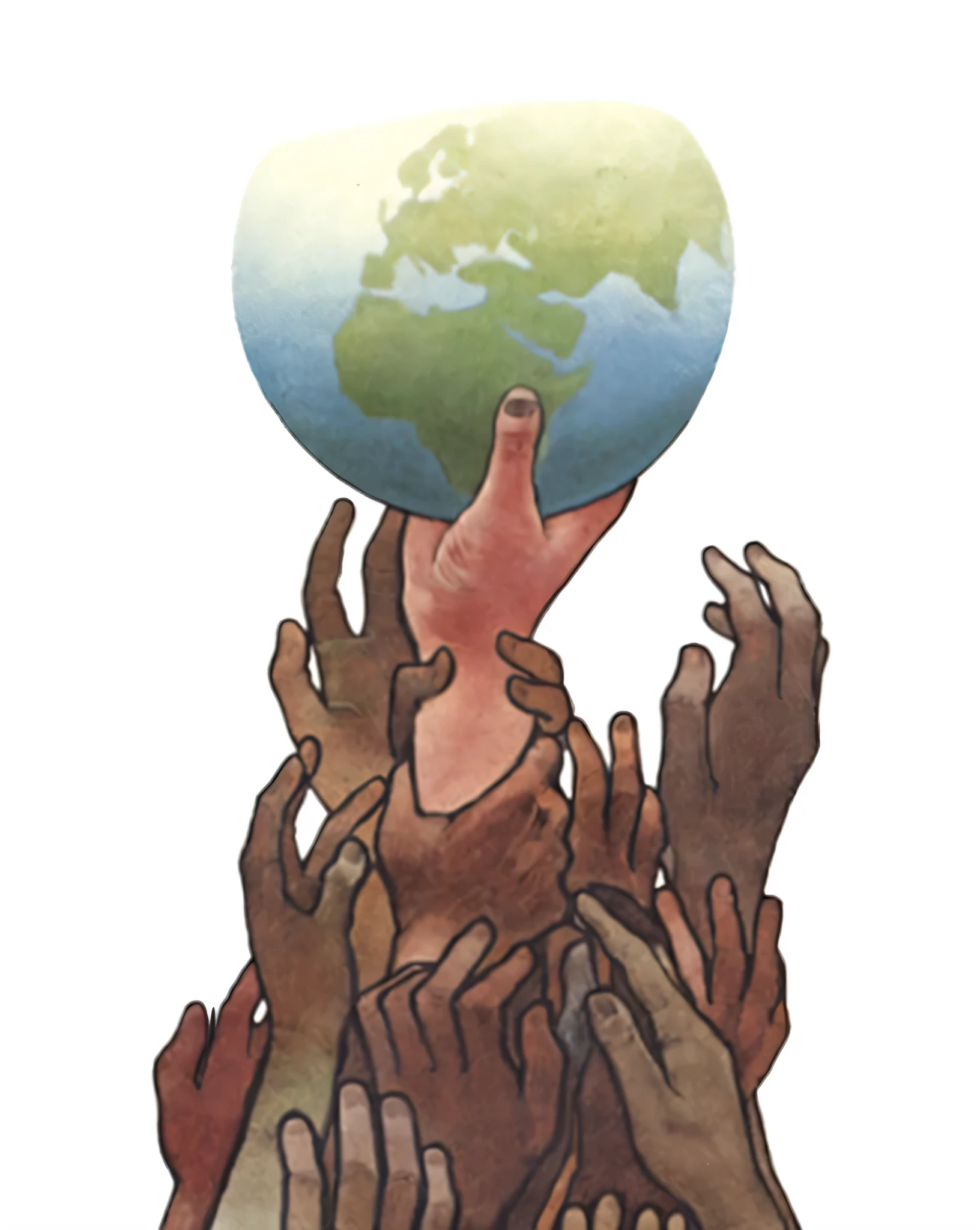 illustration of a group of hands reaching up to a globe, holding the earth, holding a planet, creation of the world, the world, by Luis Molinari, world peace, humanity, concept piece, with earth, by Chris Rahn, by Hugh Hughes, by Joe Stefanelli, is holding a tiny planet earth, by Robert Medley, artists rendition