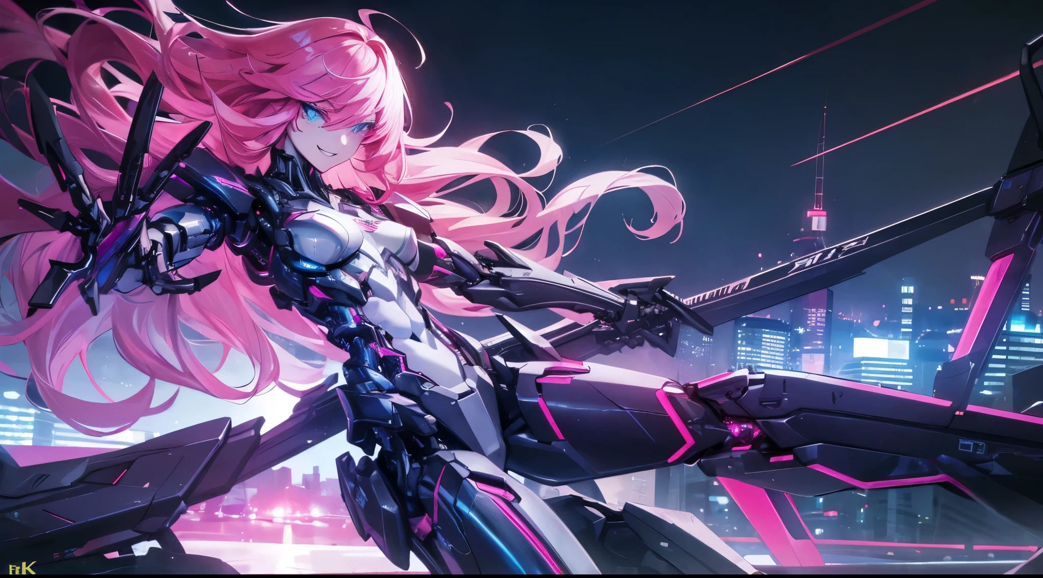 ((Masterpiece, Highest quality)), Detailed face, Beautiful face， full bodyesbian, Full of details, Highly detailed, Depth, Beautiful girl with pink hair，with hair dishevelled，long pink hair，Sick，White pupils，The legs are very thin，The legs are long, blue eyelashes, ​masterpiece, 1girl ((20year old, futuristic mech armor exposes navel, medium breasts,  flirting, looking towards camera, standing in the middle of a sci-fi futuristic urban street, neon lights and towering skyscrapers, futuristic and energetic atmosphere), ((nighttime)) ((low camera angle, ground view)) Tall and tall，Thin, 8k, ultrarealistik, oficial art,