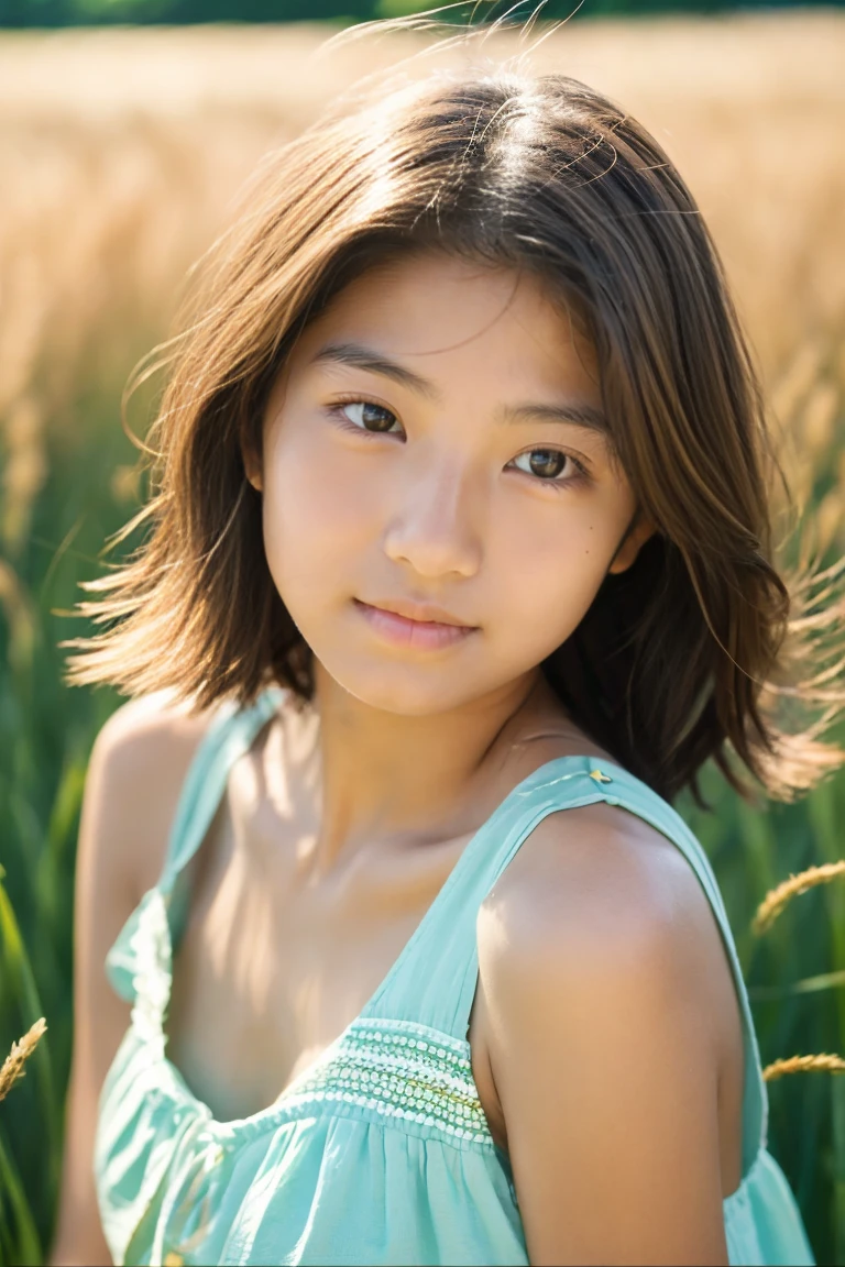 tanned beautiful girl、sixteen years old、Summer Dress、Wheat field、up of face、Hair growth、short-hair、