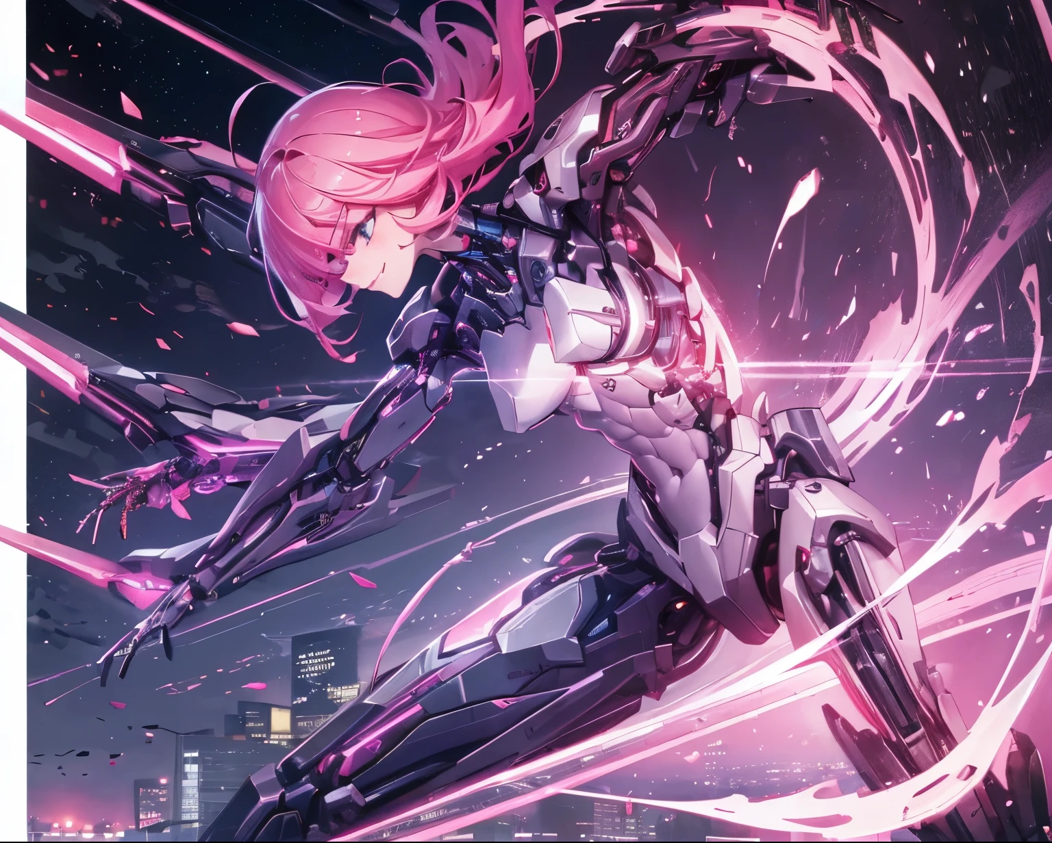 ((Night, limbs cyborg, top quality, 8k)), 1 girl, slender style, abs: 1.1, night city, combat, mechanical, slander, crazy smile, pink shorthair