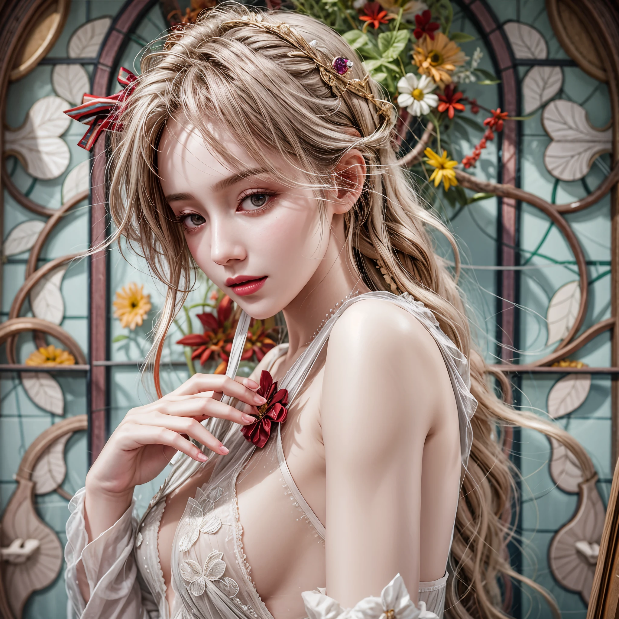 Sexy girl in ((WHITE)) and Delicate lace underwear, with Glossy RED lips, (Exposed:1.2), (nipple:-0.9), { closeup of Cute lips | Dynamic-angle }, ((Dazzling stained glass Background)), (( colorful Light shines through stunning elaborate stained glass:1.2)), vivid Red colors . ((Acutance:0.8, physically-based rendering)), (masterpiece:1.2), (ultra-detailed:1.35), (realistic, photorealistic, ((photo-realistic:1.37))with touch of rawness) . ((Renbutsu Misako)), (Extremely detailed KAWAII face variations, with Dynamic expressions), detailed eyes with sparkling highlights, captivating gaze, long eyelashes, subtle blush on the face, rosy cheeks, impeccable oiled ivory skin texture . { full of flowers covering girl's body | Mystic sight | haze | Light Particle | Lens Particle | Lens Flare | Dazzling angle's Halo | Overflowing sideboob } . (((no inverted hand, pretty pinky fingers, not Detailed fingers:-0.9))) .