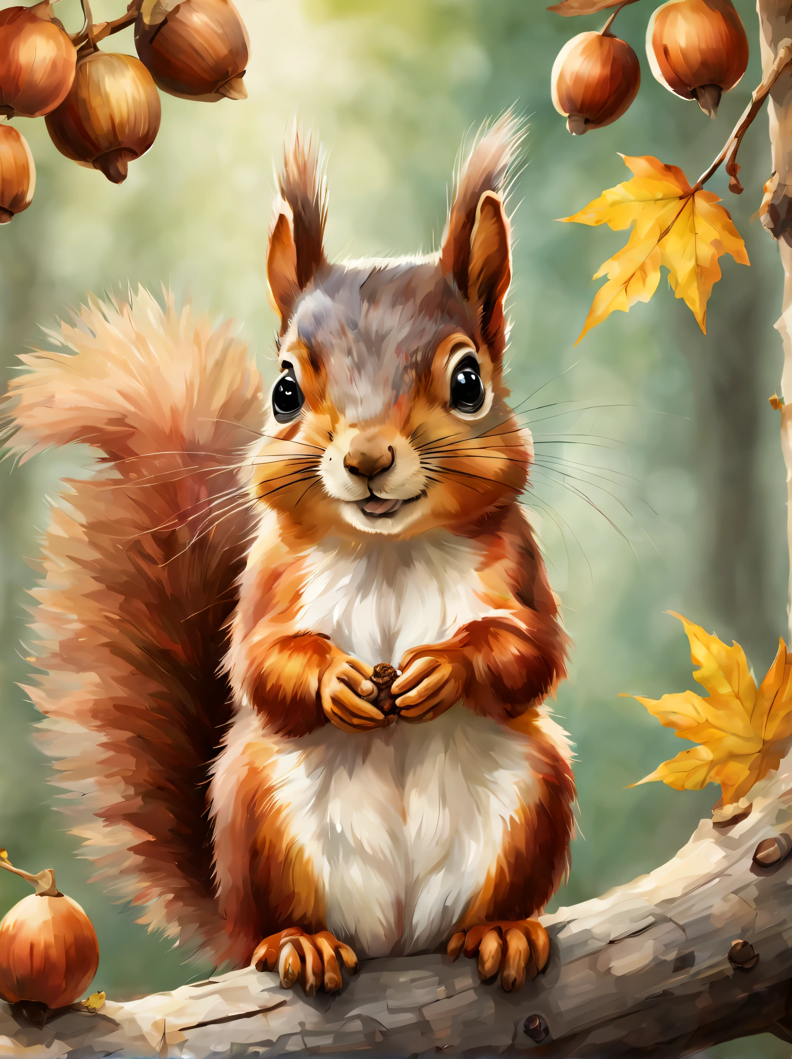 a cute squirrel eating acorn, sitting on a branch, in the woods, detailed faces, forest, trees in the background, watercolor style, warm colors, illustration, detailed, 8k, (best quality, ultra-detailed:1.6)