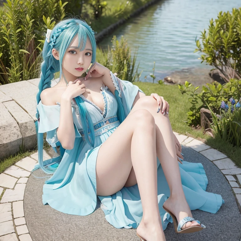 hatsune Miku、(ultra Realistic), (An illustration), (Highres), (8K), (highlydetailed), (the best illustration), (Beautiful Detailed Eyes), (beste Quality), (Super Detailed), (Master peace), (Wallpapers), (Detailed Face), solo, 1girl, Aristocratic dresses、White hair, Iris heterochromatic eyes, small moles under eye, medium chest, Long legs,Stunning composition,Foot braids,Beautiful and detailed legs