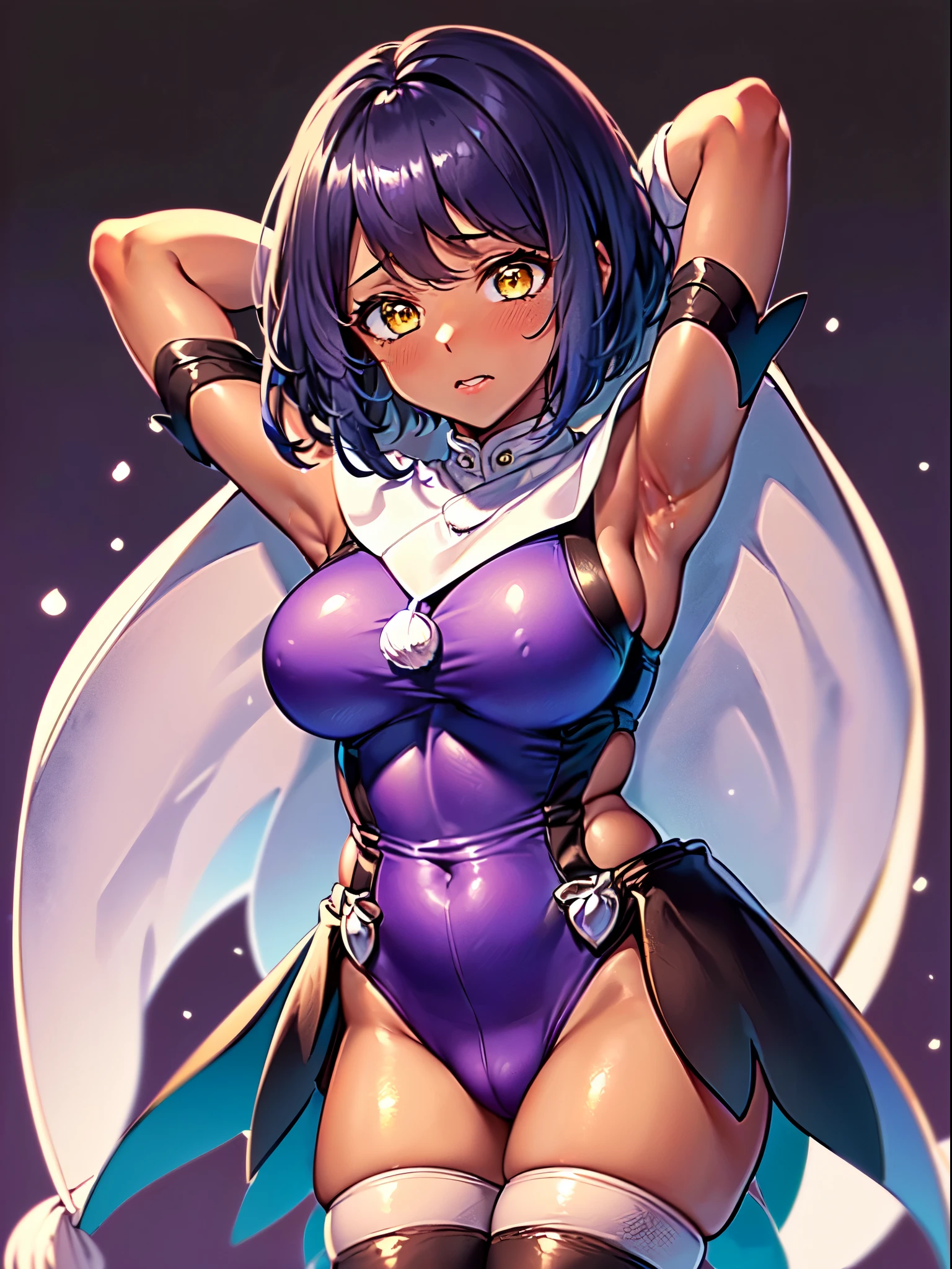 masterpiece, best quality, extremely detailed, 1girl, mature female, solo, (dark brown skin:2), sararnd, (huge breasts:1.2), (((blue hair, medium hair, yellow eyes))), parted lips, (((outfit-me, purple leotard, cape, purple thighhighs))), ((blush, shy), closed mouth), ((arms behind head, seaside, winter, snowing))