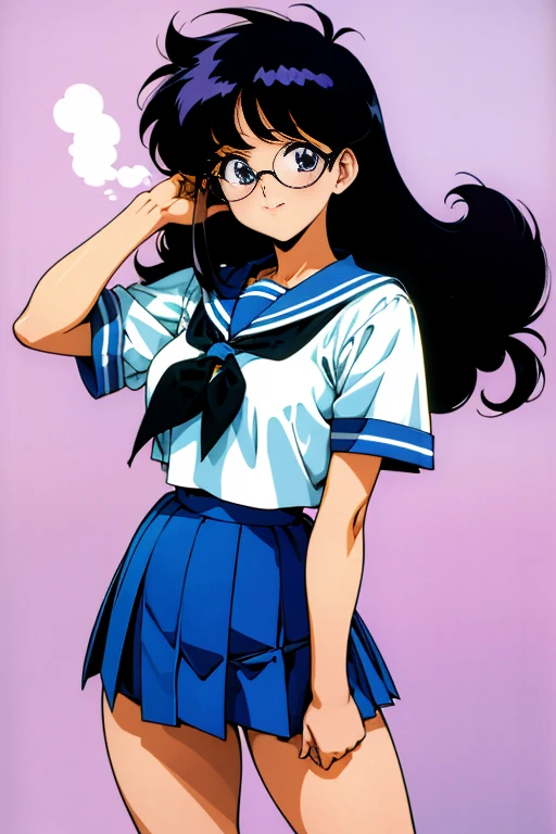 80&#39;s anime cute girls, 80s anime fog, Static still images like 80&#39;s anime, 1980s \(Style\), Long hair, Action Anime, thick thighs, Skirt, school girl outfit, High School Girl Sailor Suit, Young Girl, Black hair, Glasses, nerdy woman, black and white school girl outfit ,a smile