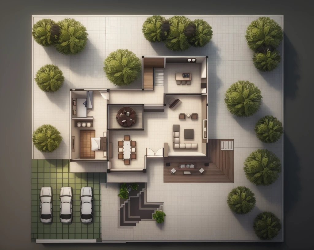 photo realistic 3d rendering, hd high res ultra high quality top view plan 3d modern villa,garage with grey tiles,bed,kitchen,deck,add outer building total green area with plants,trees,interior tiles, auto cad floor plan drawing, perfect composition, beautiful detailed intricate insanely detailed octane render trending on artstation, 8 k artistic photography, photo realistic concept art, soft natural volumetric cinematic perfect light, chiaroscuro, award - winning photograph, masterpiece, 3d rendering, top view plan,realistic,hyper realistic,intricate detals,hd details,128k,(sharp lines)(use vivid dark colors)(3d rendering)