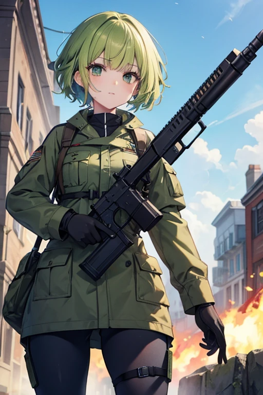 A green haired female soldier with green eyes and short hair is aiming a gun in a fiery town