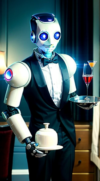 a (((robo butler))), serving 2 glasses of martini, on a tray