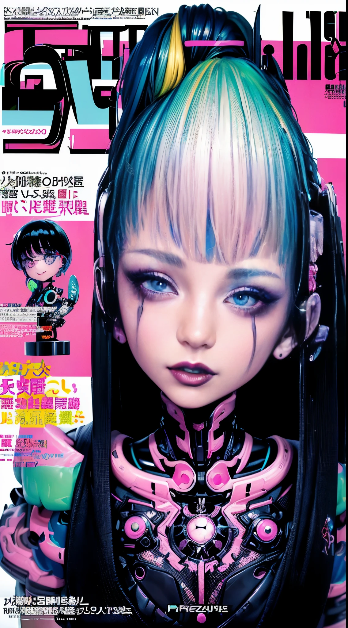 Flowing_contour biomechanical__cybernetic_airbrush___Strange__Weird__(((Japanese Harajuku style Fashion_(((colorful Magazine_cover)))__art_decor_Border)))__porcelain_and_Platinum / Futuristic Cyberpunk woman with porcelain skin, (cybernetic implants), NSFW