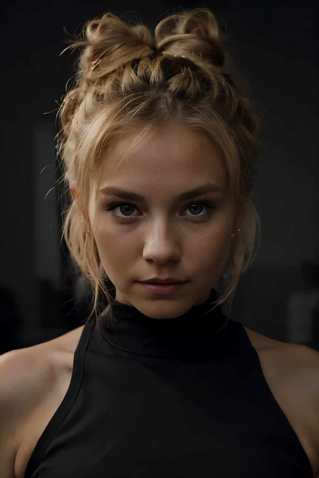 an eye contact of a blond with bun hair and dark theme