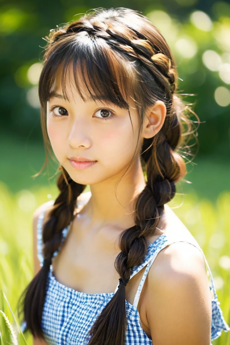 tanned beautiful girl、early summer、Provence region、japanes、wearing a summer dress、18year old、With bangs、pigtails hair、