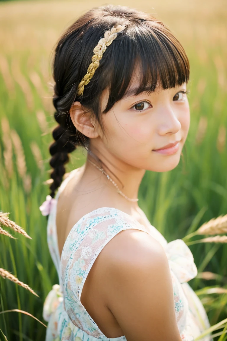 tanned beautiful girl、japanes、、Summer Dress、Wheat field、up of face、Hair growth、short-hair、With bangs、hair adornments、Braids、