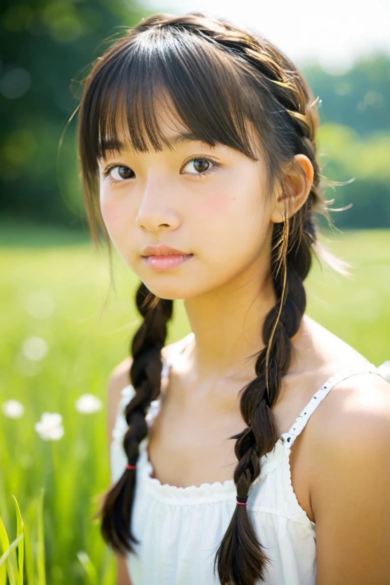 tanned beautiful girl、japanes、sixteen years old、Summer Dress、Wheat field、up of face、Hair growth、short-hair、With bangs、hair adornments、Braids、