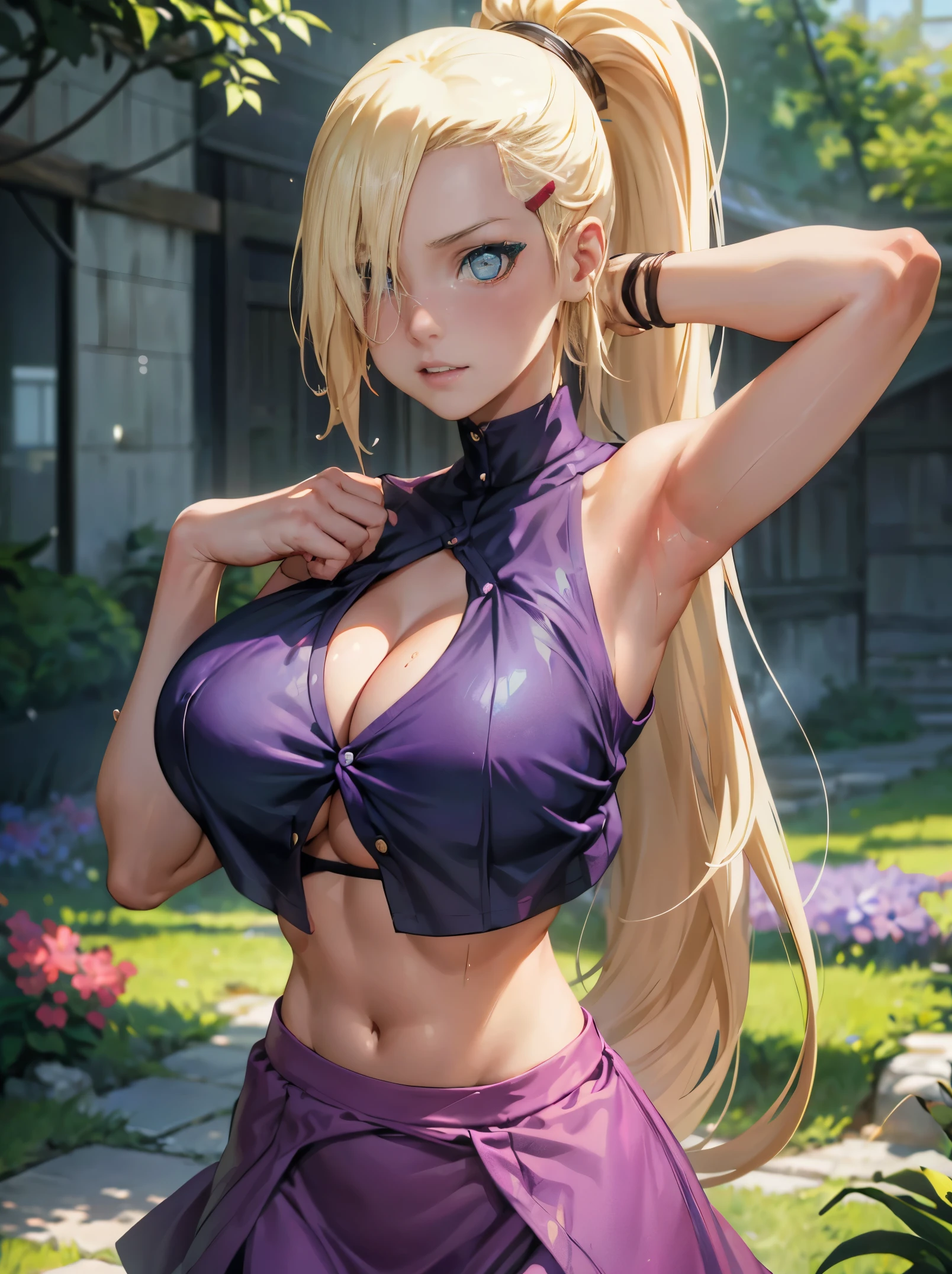 big, soft breasts ((Ino Yamanaka)), (((her long blonde hair, high ponytail))), double eyelids, Detailed light blue eyes, Hyper-Detailed Eyes, light effect on eyes, detailed iris, has extremely sexy, with incredible breasts and perfect waist, and extremely , ((cool lilac crop top, cool red high waist skirt, delineated abdomen, beautiful make up, cleavage)), ((Masterpiece, hyper realistic, hyper detailed, Best Quality, 16k, The effect of light and shadow on the skin, Vivid colors)), eye liner, passionate expression, Perfect lips, a perfect face, shy smile, ((skin with light and shadow), beautiful seductive, impassioned, Embarrassed, ((Ino Yamanaka )), flirting with the viewer, variable pose, seductive gaze, In the Flower Garden, Erotica, wet skin, Huge-breasts