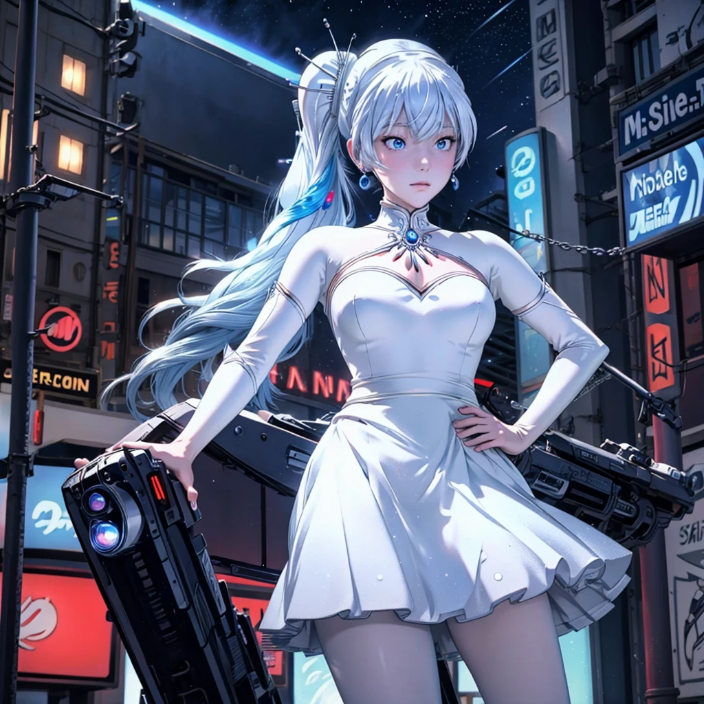 masterpiece, best quality, whiss, ANIME,Realistic,1girl, weiss schnee, solo, blue eyes, jewelry, earrings, long hair, parody, white hair, scar, scar across eye, hair ornament, photo background, side ponytail, skirt, pantyhose, cyberpunk city, neon signs, street, crowd, night. moon, moonlight, street lights, shop lights, car lights