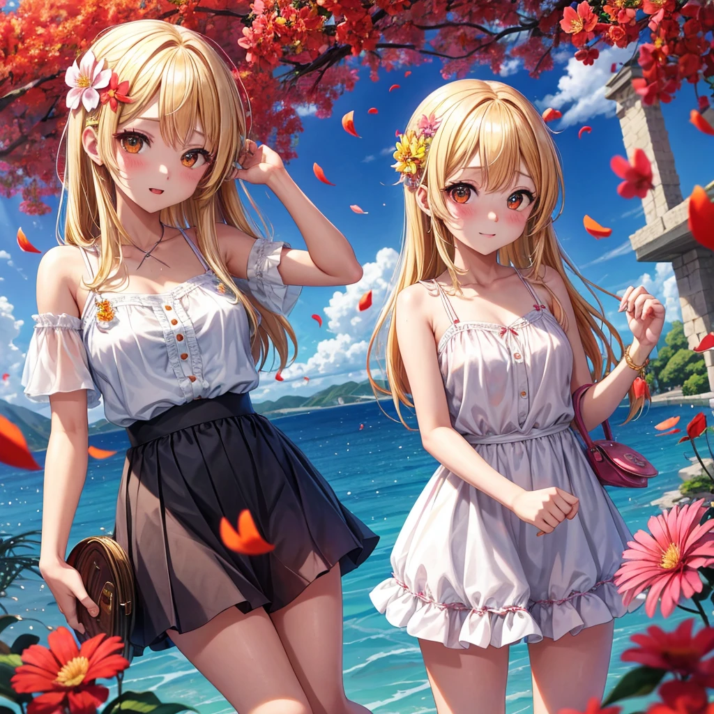 una rubia、ojos rojos、1 chica bonita、animesque、wearing no skirt, no paties、paw petal flower、mojar el cabello、hosco、Camisole usando、Arco iris、Saltar agua