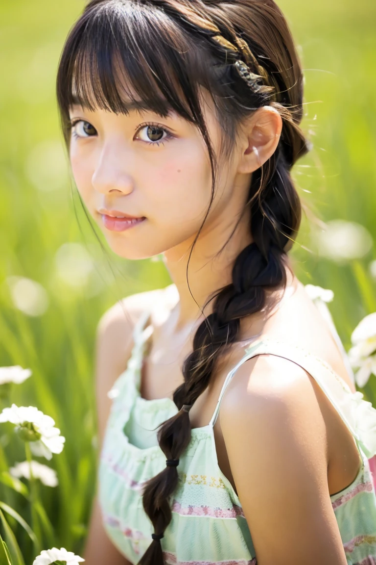 tanned beautiful girl、japanes、17 age、Summer Dress、Wheat field、up of face、Hair growth、short-hair、With bangs、hair adornments、Braids、