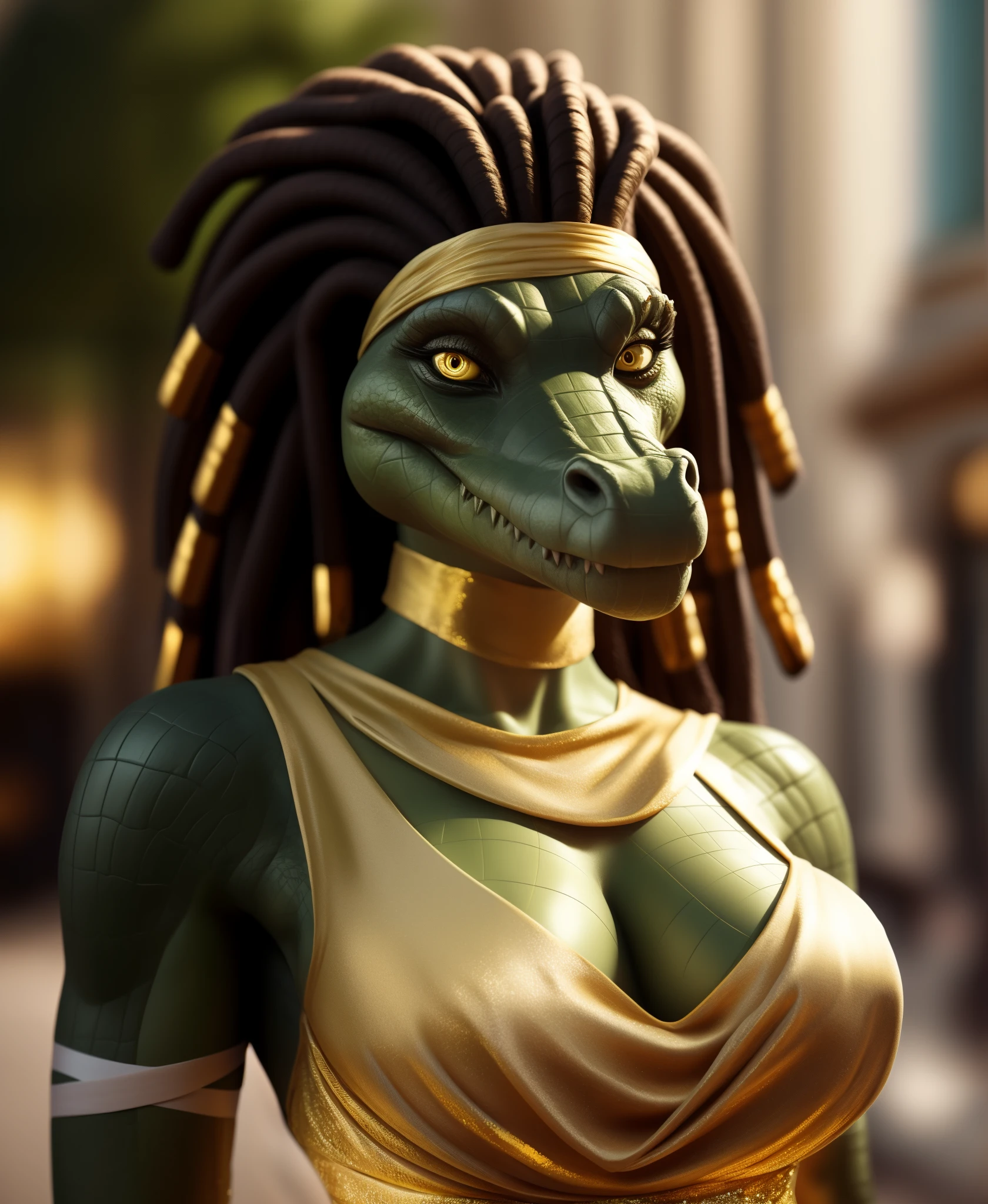 solo female ammit_mk crocodilian with dreadlocks wearing a metalic (gold dress:1.45) leaning towards viewer exposing her cleavage,
detailed background breasts, close-up, seductive,
8k hd, photorealism, real life, (detailed yellow eyes:1.2) (detailed scales:0.8),depth of field, bokeh, detailed fabric, bandages,