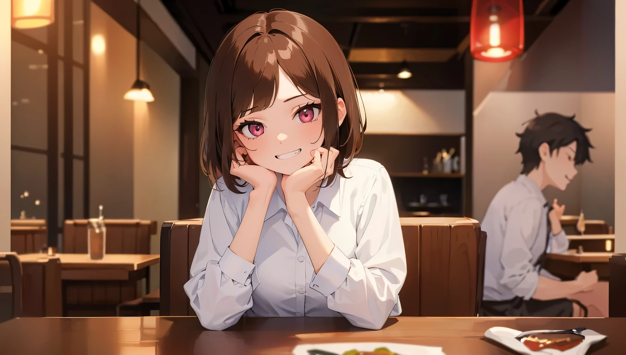 The background is a restaurant、The table、a chair、walls、illuminating