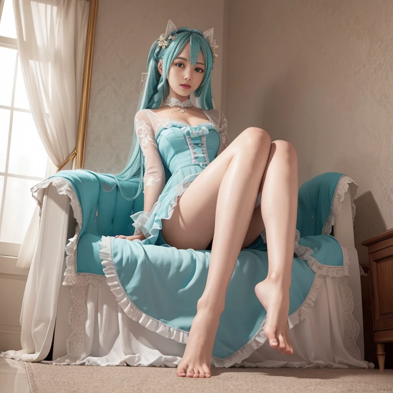 hatsune Miku、(ultra Realistic), (An illustration), (Highres), (8K), (highlydetailed), (the best illustration), (Beautiful Detailed Eyes), (beste Quality), (Super Detailed), (Master peace), (Wallpapers), (Detailed Face), solo, 1girl, Aristocratic dresses、White hair, Iris heterochromatic eyes, small moles under eye, medium chest, Long legs,Stunning composition,Foot braids,Beautiful and detailed legs
