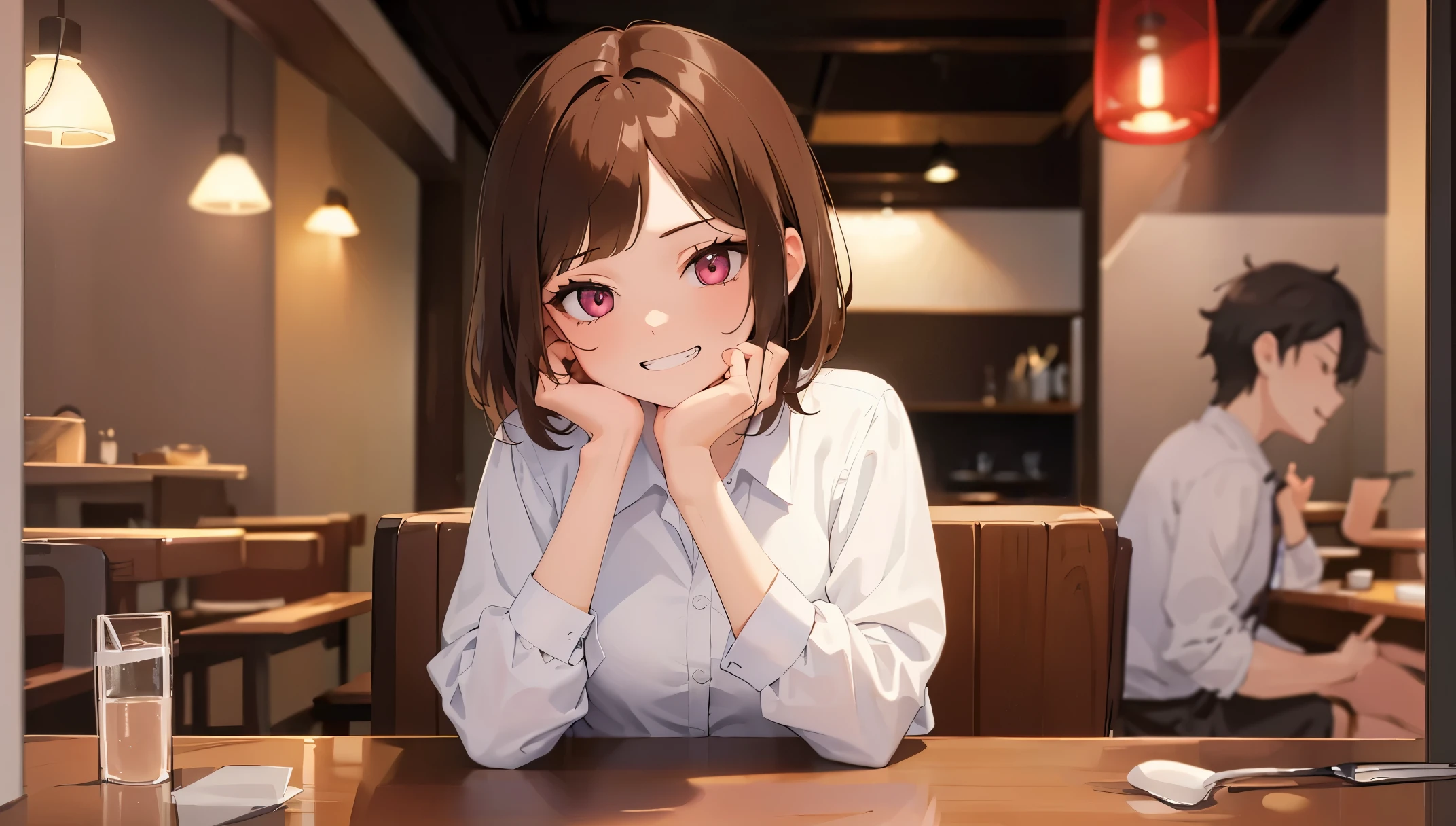 The background is a restaurant、The table、a chair、walls、illuminating