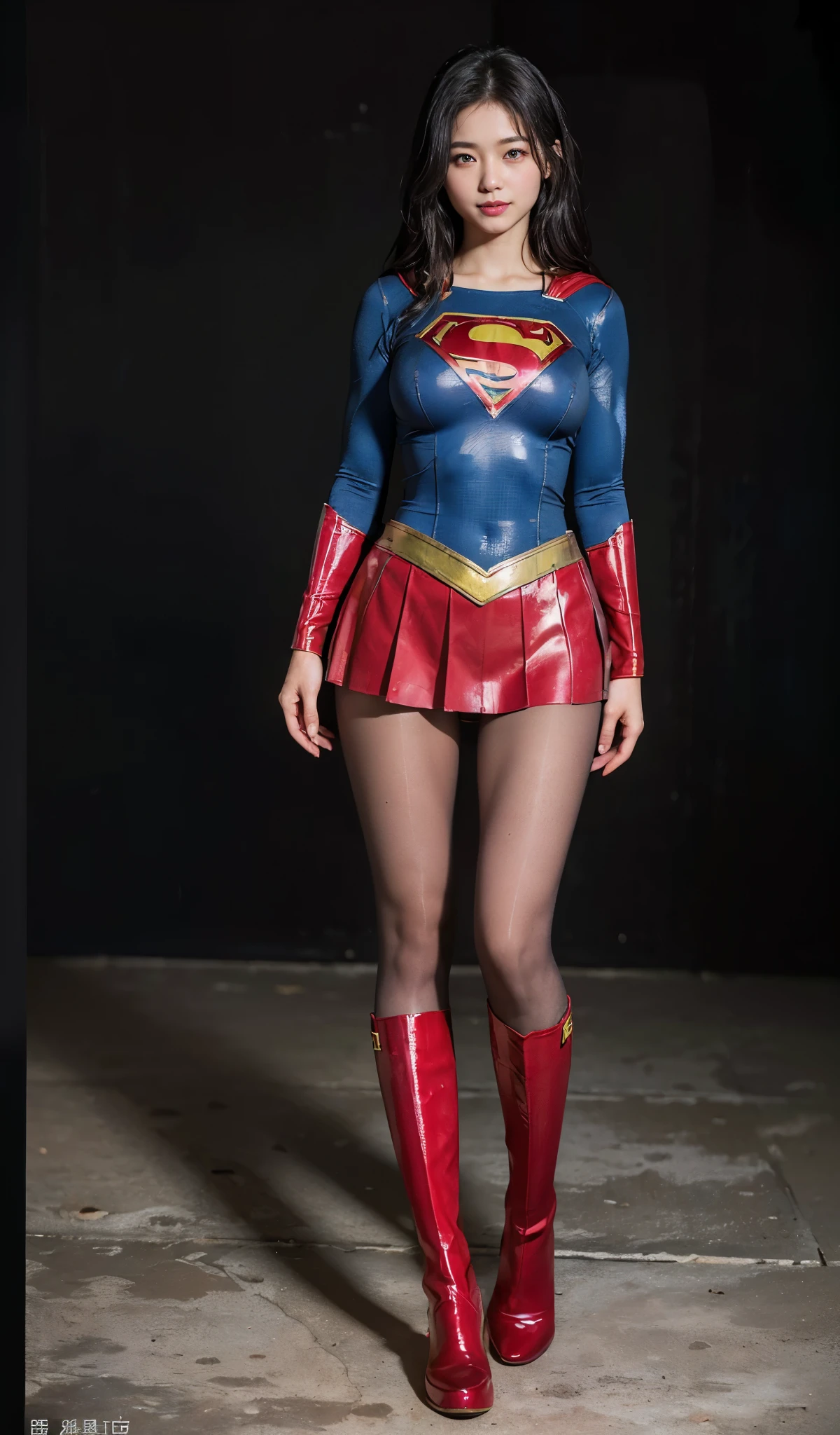 No background、Are sleeping、lying back on、(((Wear black tights on your beautiful legs.)))、(((Grow legs、tall、Legally express the beauty of your smile)))、((((Make the most of the original image)))、(((Supergirl Costume)))、(((beautiful hairl)))、(((Suffering)))、(((Feet must necessarily be worn with black tights)))、(((You need to wear red boots)))、((Top image quality、8K))、((top-quality、8K、​masterpiece:1.3))、(((Keep Background )))、Crisp focus:1.2、Beautiful woman with perfect body shape:1.4、Slender Abs:1.2、a wet body:1.5、Highly detailed facial and skin texture、8K