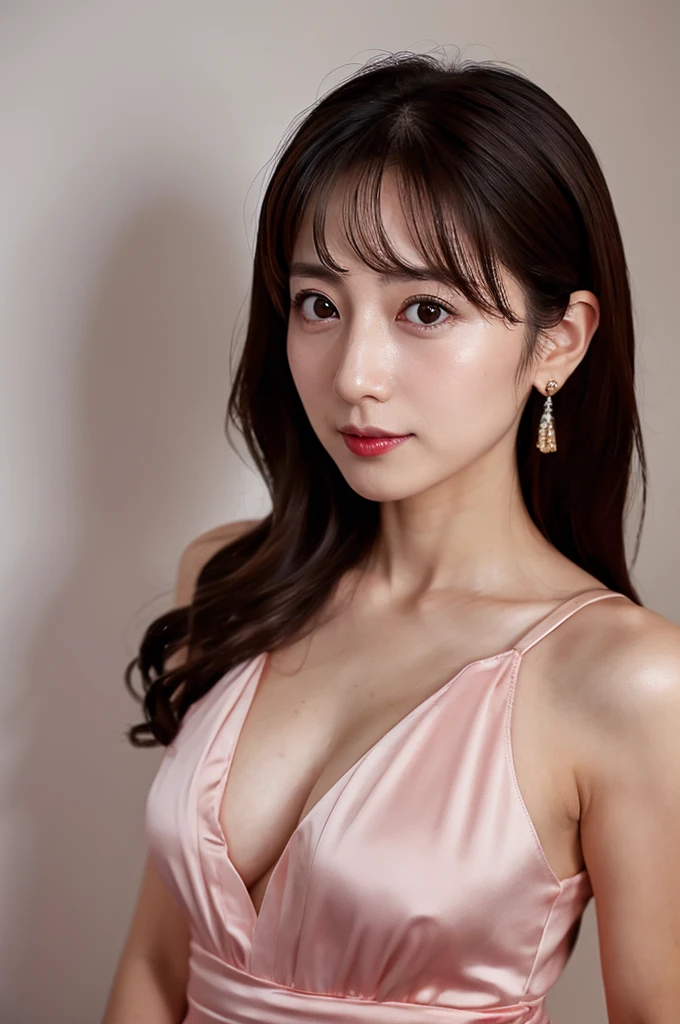 a Japanese lady, 30 years old, (realistic), (hyperrealism), (photorealistic), (8K resolusion), depth of field, (upper body:1.2), super detailed face, detailed eyes, cute face, various face expression, various hair style, (small breasts:1.0), (very thin waist:0.7), a tight camisole of light pink satin fabric