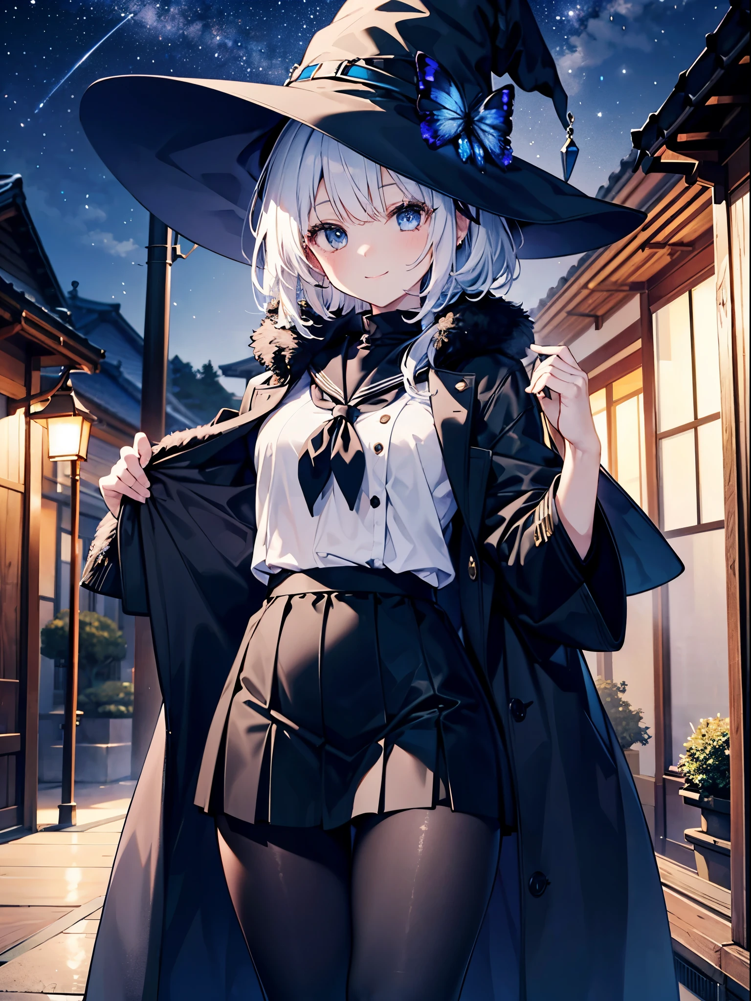 This is a high-class hot spring inn in a tourist destination in Japan.、Beautiful rock open-air bath、It's night now、the stars are beautiful、Woman wearing a large black witch hat with sapphire accessories、wearing a long black coat、She wears a sailor suit、she is wearing a checked skirt、Tight leggings that cover half of your thighs、bare-legged、Short, pure white loose lob hair、small tits、Outstanding smile、