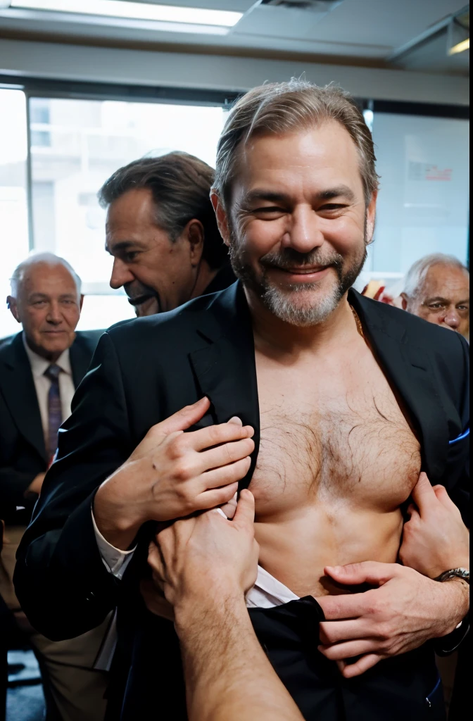 2 men surrounded by lots of old men , one old 60's year old smiling  with a gray beard in a suit looking down , the other man  very hairy and naked and erect  penis and being groped   and muscular and embarrassed andbig beard and short hair and wearing a Chain harness , in an conference room surrounded by old men, perfect  anatomy 