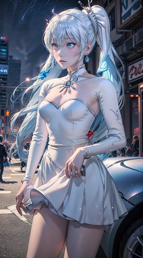 masterpiece, best quality, whiss, ANIME,Realistic,1girl, weiss schnee, solo, blue eyes, jewelry, earrings, long hair, parody, white hair, scar, scar across eye, hair ornament, photo background, side ponytail, skirt, pantyhose, cyberpunk city, neon signs, street, crowd, night. moon, moonlight, street lights, shop lights, car lights