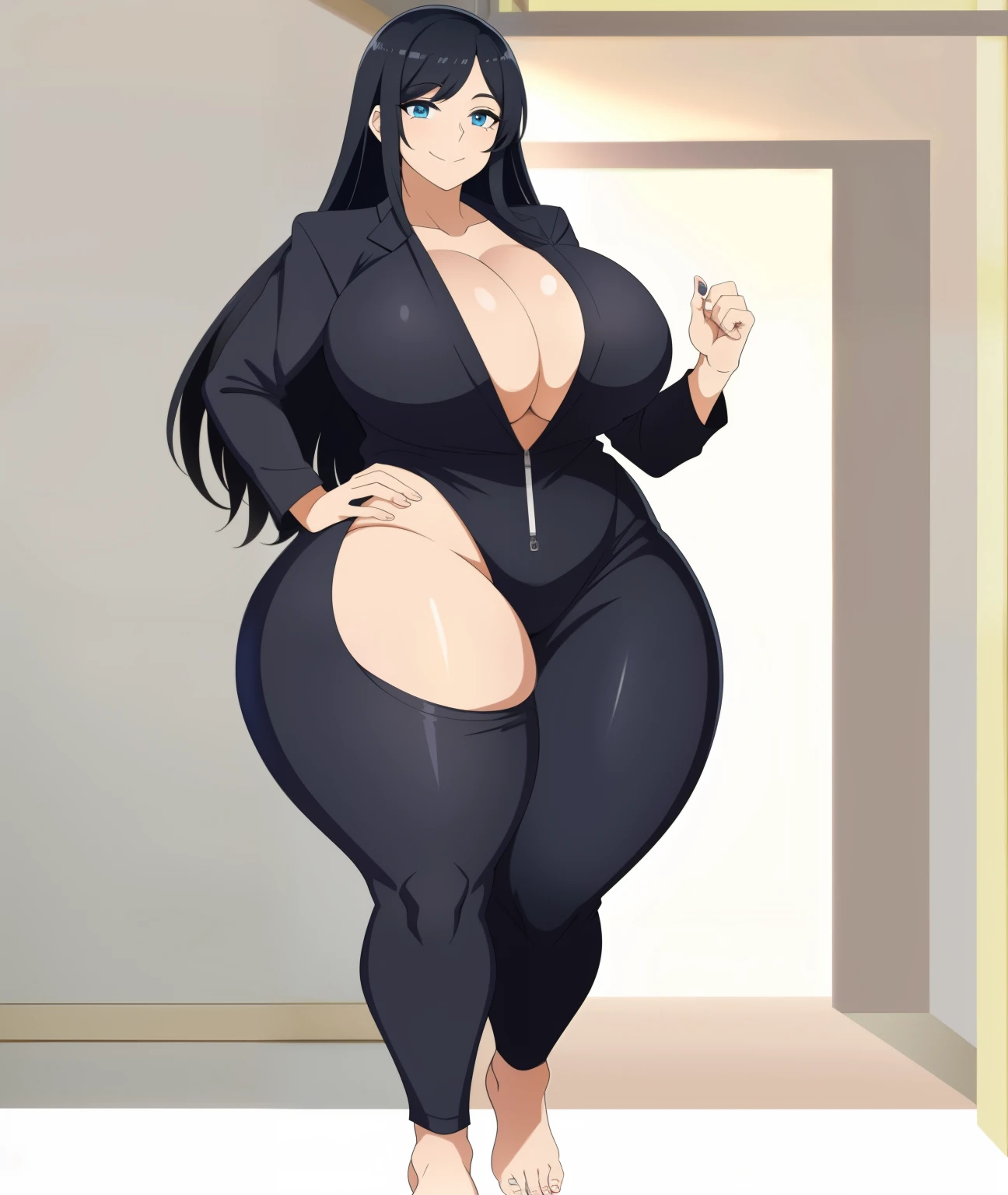 A woman, smiling, curvy, busty, black hair, long hair, front view, thick thighs, oppai, full-body view, barefoot