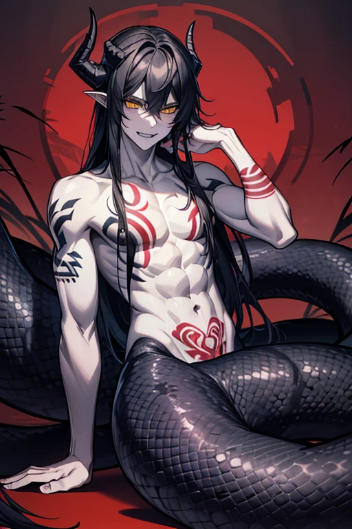 Lamiaan image a drawing of a man whose lower body is a snake, 1boy, black scales, black snake, male focus, solo, (monster boy),(snake boy), lamia, snake eyes, yellow eyes, (tsurime:1.0) , oni horns, teeth, (fang:1.0), sharp fangs, seductive smile, sexy, black hair, long hair, tired hair, muscular, topless, (pale skin), (sharp nails), (tribal tattoo:1.3) , (background in forest), cinematic angle, masterpiece, best quality, high resolution, ultra-detailed