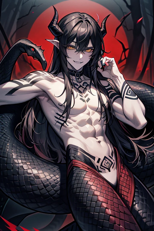 Lamiaan image a drawing of a man whose lower body is a snake, 1boy, black scales, black snake, male focus, solo, (monster boy),(snake boy), lamia, snake eyes, yellow eyes, (tsurime:1.0) , oni horns, teeth, (fang:1.0), sharp fangs, seductive smile, sexy, black hair, long hair, tired hair, muscular, topless, (pale skin), (sharp nails), (tribal tattoo:1.3) , (background in forest), cinematic angle, masterpiece, best quality, high resolution, ultra-detailed