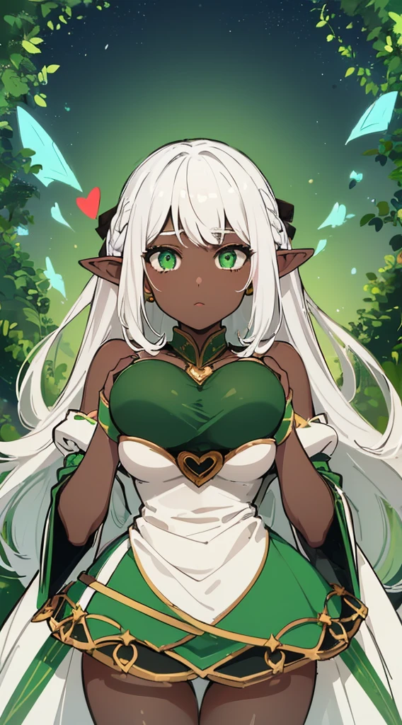(((Very high image quality))),((Dark Skin)),(((Elf Woman))),(((White hair))),(((green eyes))),(((Seyxy body))),(Big breasts),((Peasant dress)),((Making a heart))