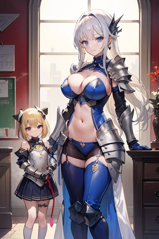 a beauty girl，cabellos largos dorados，blonde with blue eyes，(ssmile)，European medieval castles，palaces，Wear gorgeous armor，(Silver armor)，Armor，((Condom in hand))，Shoulder pads，Armour，chest plate，Leg nails，(Royal Knights)，(huge tit)，(black lence stockings)，((Pubic bone))，(Defeat)，((Broken armor))，((Damaged clothes))，cleavage，((Petite body))，(Type of )，twogirls，Raped by a woman