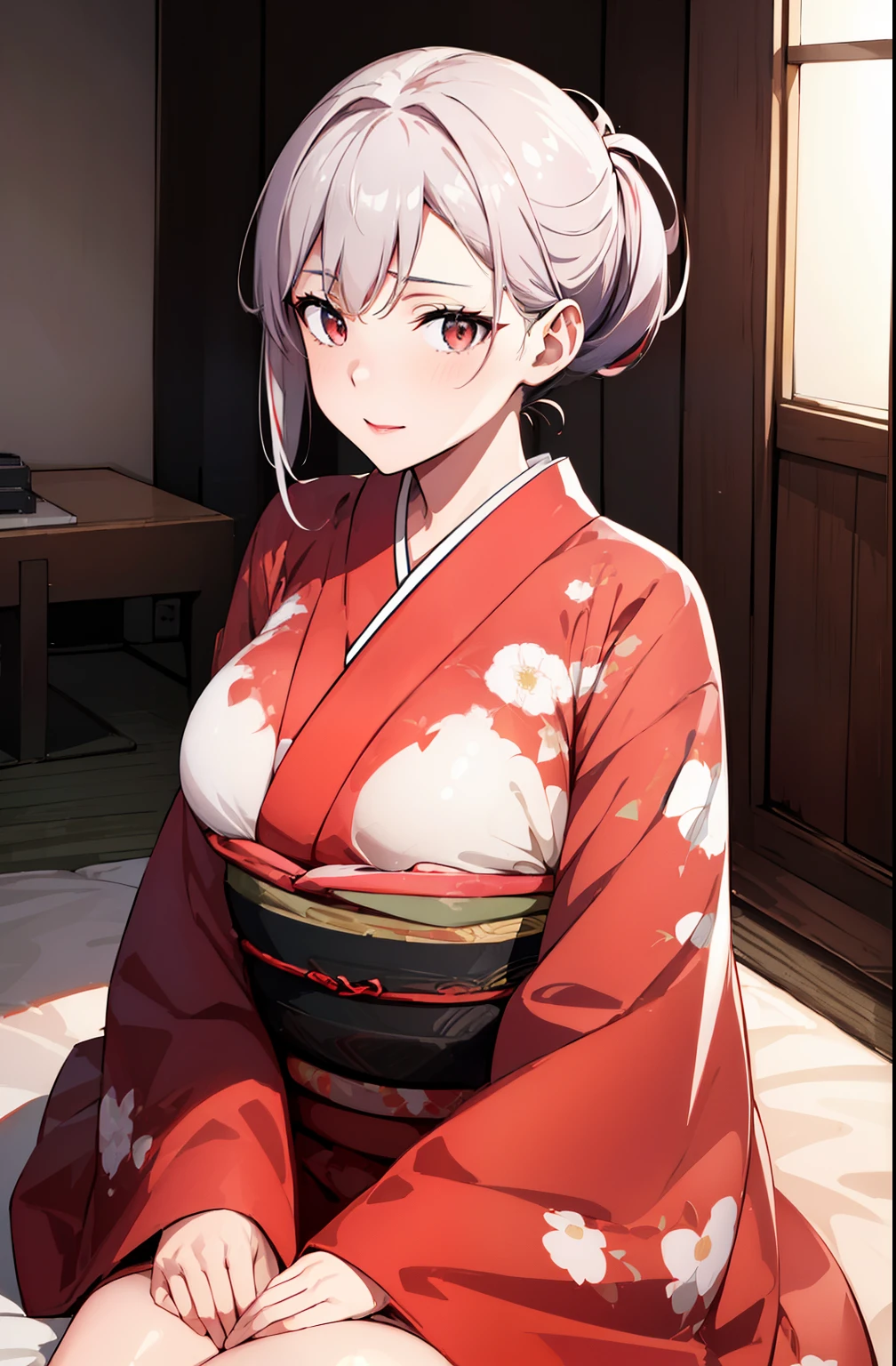 (Night:1.7), Japan, Tokyo, CityView, Before Window, Standing at attention, Sitting on tatami, red_japanese clothes, kimono, yakata, low_ponytail, red eyes, white hair, albino, bangs, Hair_bun, 1 girl, 20yo, mature female, Beautiful Finger, Beautiful long legs, Beautiful body, Beautiful Nose, Beautiful character design, perfect eyes, perfect face, looking at viewer, in the center of the image, NSFW, official art,extremely detailed CG unity 8k wallpaper, perfect lighting,Colorful, Bright_Front_face_Lightinasterpiece:1.0),(best_quality:1.0), ultra high res,4K,ultra-detailed, photography, 8K, HDR, highres, absurdres:1.2, Kodak portra 400, film grain, blurry background, bokeh:1.2, lens flare, (vibrant_color:1.2), (Beautiful,Large_Breasts:1.6), (beautiful_face:1.5), (narrow_waist),