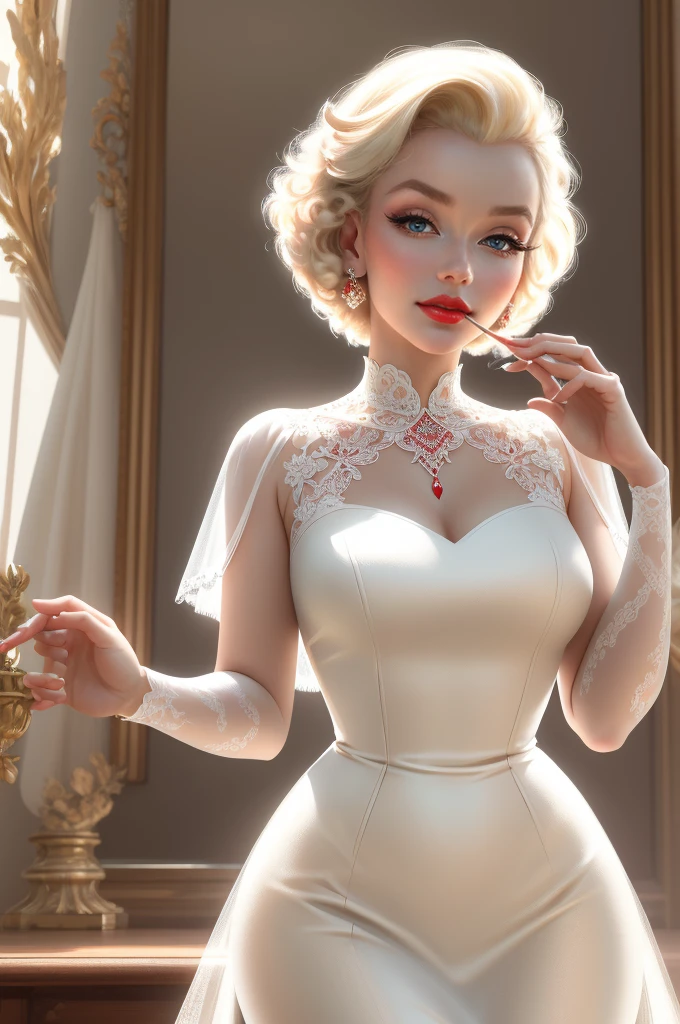 (Masterpiece - Ultra-Detailed, High Resolution) Prepare to be enchanted by a true masterpiece that combines ultra-detailed art with high-resolution rendering. This work shows a mesmerizing woman, with short, light blonde hair, 1950s style, Marilyn Monroe (1.3) and captivating brown eyes (1.2), New York illustration style, wearing red lipstick, emanating an aura of elegance and mystery. Wearing classic 1950s clothing. With finger on the mouth. Intricate details and realistic textures invite you to explore every aspect of this enchanting composition. Transparent white dress. Happy new year illustration. Get ready to dive into a world where beauty and craftsmanship merge perfectly.