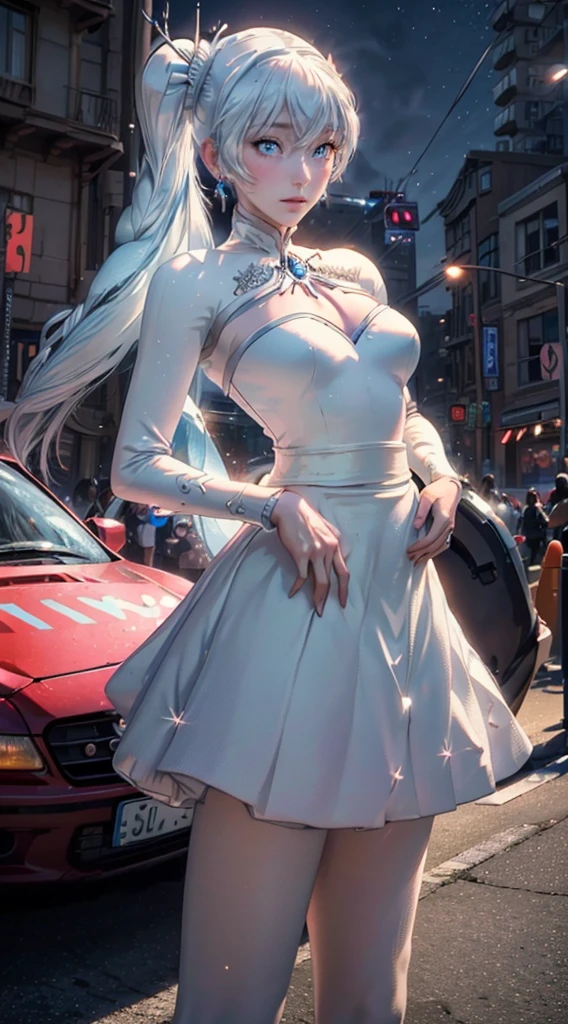 (masterpiece, stunning girlfriend, (standing:1.1), dynamic pose, heart shaped face, elegant face, beautiful face, highly detailed face, highly detailed skin, skin pores, subsurface scattering, realistic pupils, loving smile, looking at viewer, full face blush, full lips, detailed background, depth of field, atmospheric perspective, volumetric lighting, sharp focus, absurdres, realistic proportions, good anatomy, (realistic, hyperrealistic:1.4), 16k hdr, masterpiece, best quality, whiss, ANIME,Realistic,1girl, weiss schnee, solo, blue eyes, jewelry, earrings, long hair, parody, white hair, scar, scar across eye, hair ornament, photo background, side ponytail, skirt, pantyhose, cyberpunk city, neon signs, street, crowd, night. moon, moonlight, street lights, shop lights, car lights