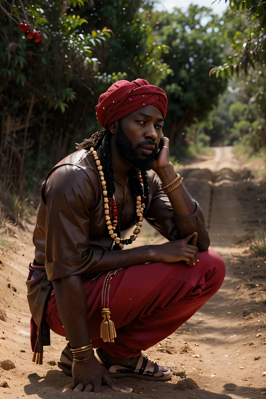 Um homem negro de perfil, com barba, Ioruba, orisha, Eu sou, Handsome, jovem, 30 anos, agachado no meio de uma estrada de terra, vestindo roupas vermelhas, turbante, gold jewelry and cowrie shells, rosto coberto com colares de contas vermelhas e segurando uma chave grande