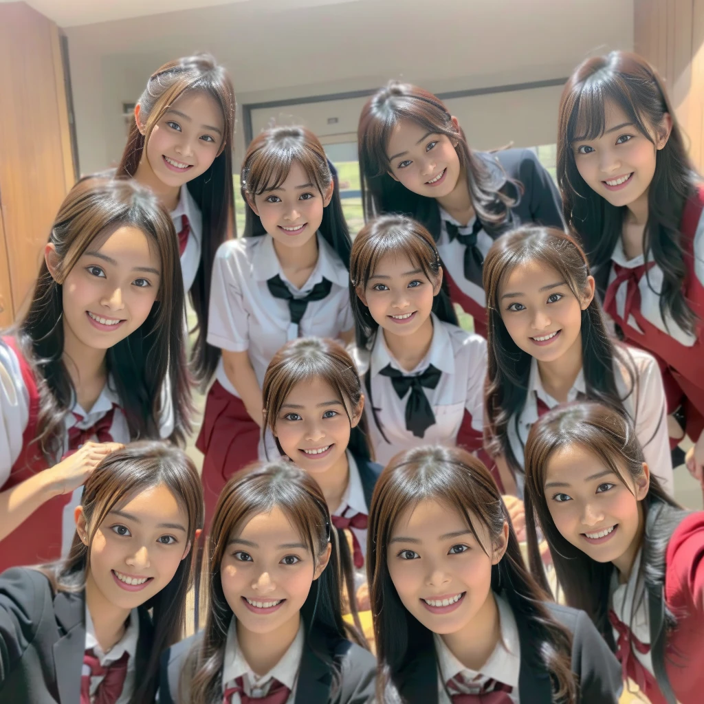 Raw photo、(((multiple girls))),((((6+girls)))),((((100girls)))),((((1000girls))))、((((100 Girls))))、Women only、((Everyone has the same face)),((matching school uniform))、17 years old、Long black hair、japanes、100 cute high school girls、a smile、‎Classroom、selfee、same person、(((Large group)))、High school students