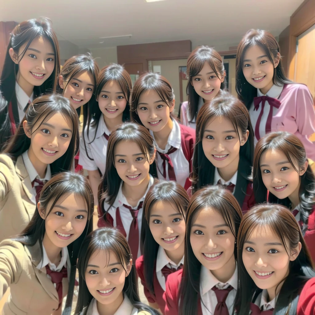 Raw photo、(((multiple girls))),((((6+girls)))),((((100girls)))),((((1000girls))))、((((100 Girls))))、Women only、((Everyone has the same face)),((matching school uniform))、、Long black hair、japanes、100 cute high school girls、a smile、Classroom、selfee、same person、(((Large group)))、High school students