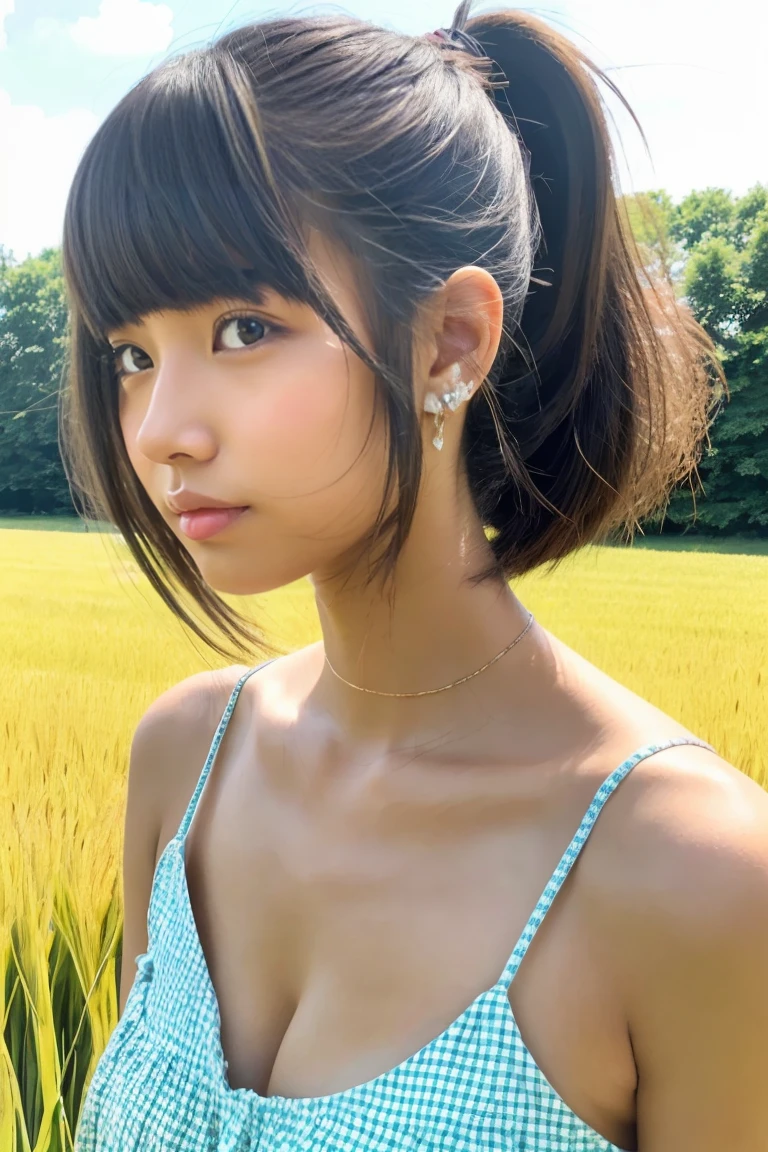 tanned beautiful girl、japanes、、Summer Dress、Wheat field、up of face、Hair growth、short-hair、With bangs、hair adornments、poneyTail、thick lip、