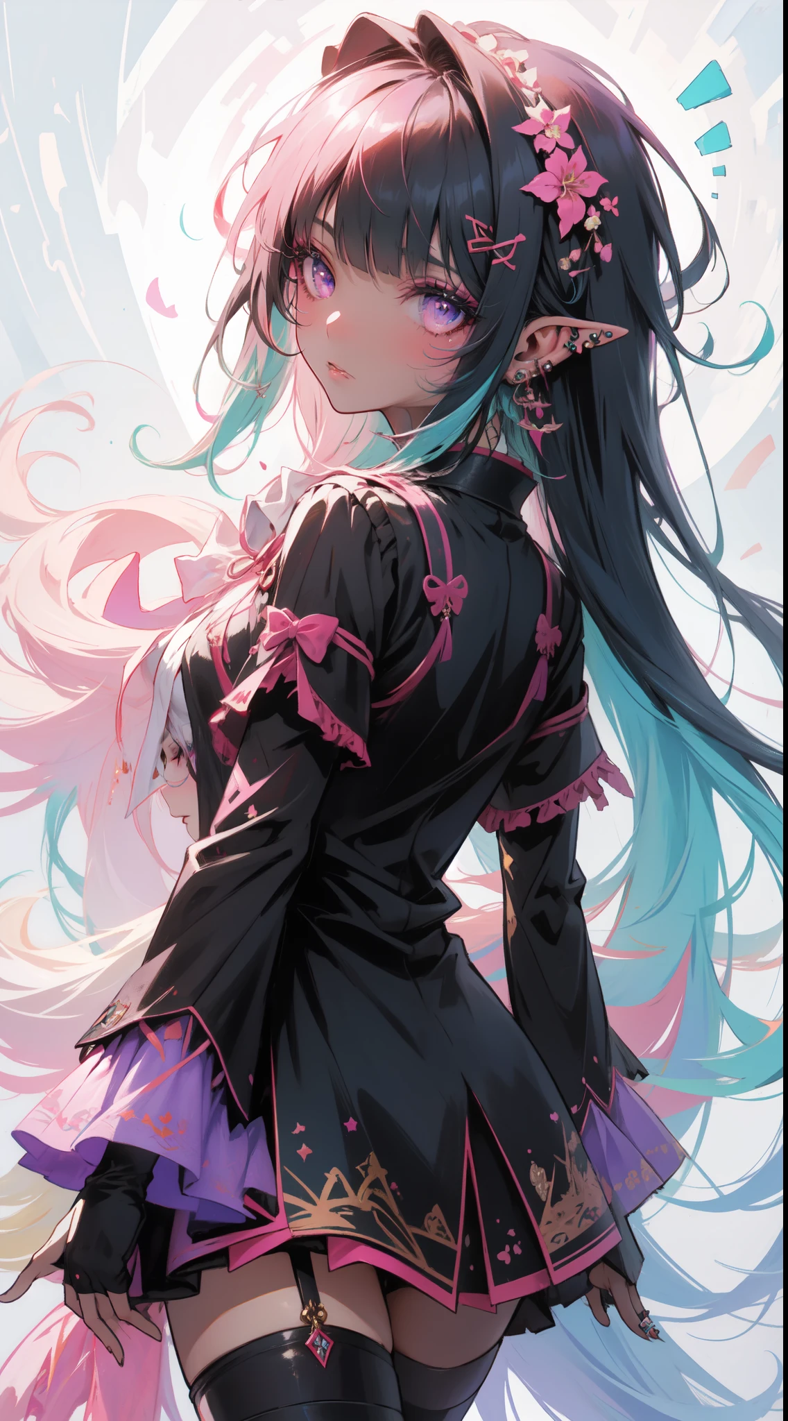 (masterpiece, top quality, best quality, official art, beautiful and aesthetic:1.2), ((Dark elf)), ((1girl)), extreme detailed,(fractal art:1.3),colorful,highest detailed, portrait, from behind, in the style art by Artgerm, by wadim kashin, by Kawacy, by Yoshitaka Amano, BREAK, solo, perfect face, details eye, Blunt bangs, white hair, (hair between eye), violet eyes, eyelashes, eyeshadow, pink eyeshadow, (dark skin:1.2), BREAK, corsages, jirai kei, (jirai kei fashion:1.1), Frills, Skirts, Various accessories, (ear piercing), punky style, Japanese subculture, fashion, Stockings, colorful, (Dark circles:1.2),
