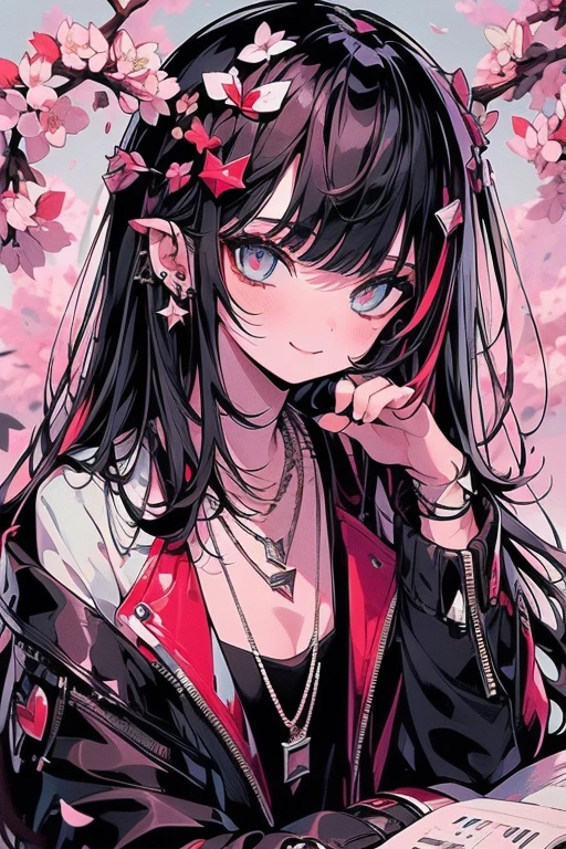 (Masterpiece: 1.5, Best quality, High resolution: 1.3, Super resolution, Super detailed, Ultra detailed: 1.3, Rich background: 1.2, 1 person of dubious gender)) pale skin + crimson hair + black eyes + long eyelashes + hair low shoulder + divided into two long + androgynous body + elegant hands (white shirt, leather jacket, ripped jeans, white vans, necklace with a star, two hair clips holding bangs, beautiful features) ((gentle smile, pose holding a textbook, cherry blossoms flying)) (colors used: white, light blue, red, black, gray,)