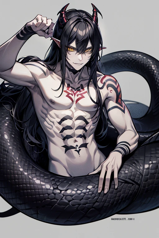 Lamiaan image a drawing of a man whose lower body is a snake, 1boy, black scales, black snake, male focus, solo, (monster boy),(snake boy), lamia, snake eyes, yellow eyes, (tsurime:1.0) , oni horns, teeth, (fang:1.0), sharp fangs, seductive smile, black hair, long hair, tired hair, muscular, topless, (pale skin), (sharp nails), (tribal tattoo:1.3) , (background in forest), cinematic angle, masterpiece, best quality, high resolution, ultra-detailed