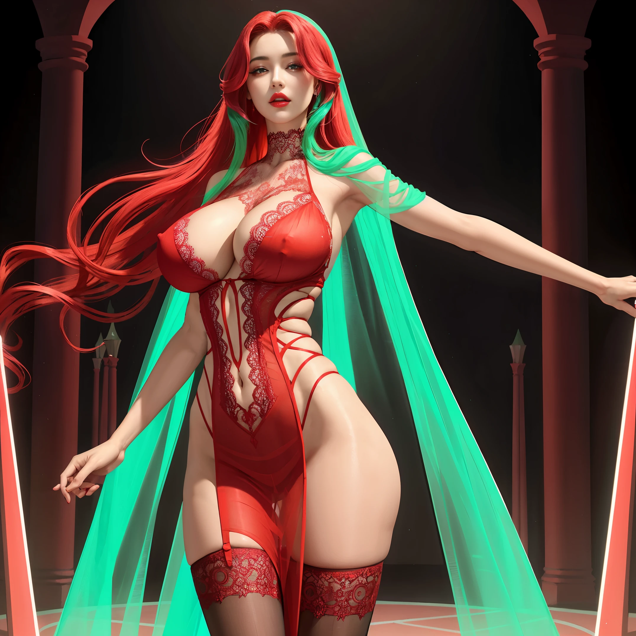 Beautiful nude woman with massive breasts. The breasts are not covered by anything. Red full lips. Beautiful girl in a long floor-length dress. The dress is made of transparent fabric and decorated with lace. The dress is red. very long curly hair neon blue hair and neon green hair and neon red hair. Transparent black stockings with lace.