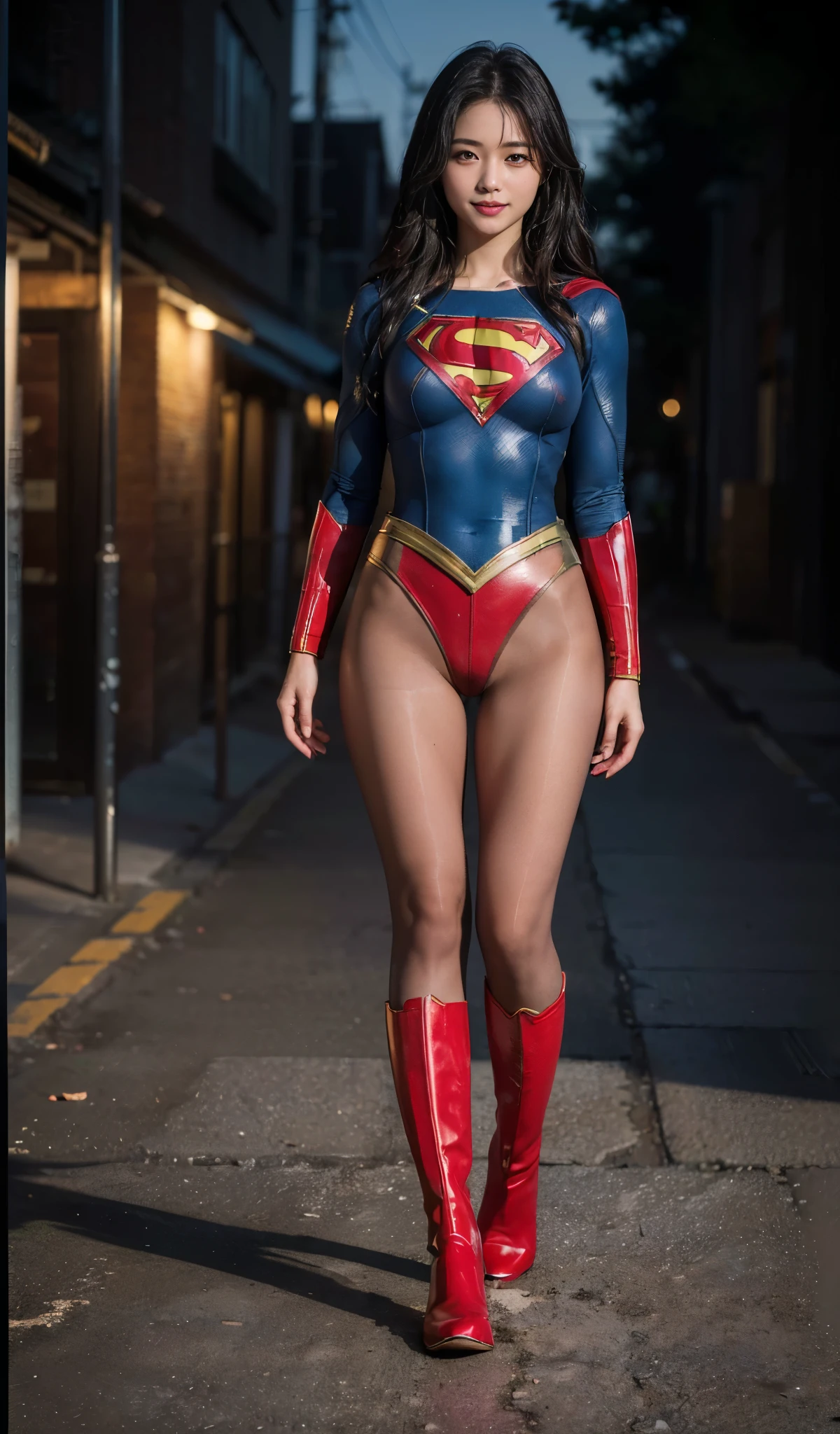 No background、Are sleeping、lying back on、(((Wear black tights on your beautiful legs.)))、(((Grow legs、tall、Legally express the beauty of your smile)))、((((Make the most of the original image)))、(((Supergirl Costume)))、(((beautiful hairl)))、(((Suffering)))、(((Feet must necessarily be worn with black tights)))、(((You need to wear red boots)))、((Top image quality、8K))、((top-quality、8K、masterpiece:1.3))、(((Keep Background )))、Crisp focus:1.2、Beautiful woman with perfect body shape:1.4、Slender Abs:1.2、a wet body:1.5、Highly detailed facial and skin texture、8K