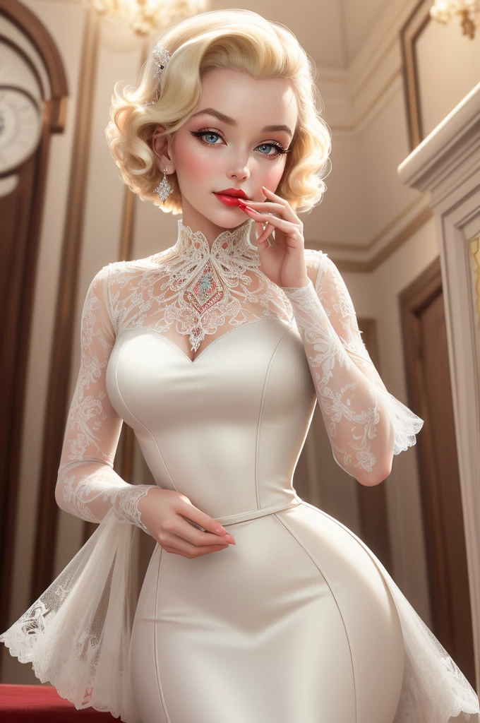 (Masterpiece - Ultra-Detailed, High Resolution) Prepare to be enchanted by a true masterpiece that combines ultra-detailed art with high-resolution rendering. This work shows a mesmerizing woman, with short, light blonde hair, 1950s style, Marilyn Monroe (1.3) and captivating brown eyes (1.2), New York illustration style, wearing red lipstick, emanating an aura of elegance and mystery. Wearing classic 1950s clothing. With finger on the mouth. Intricate details and realistic textures invite you to explore every aspect of this enchanting composition. Transparent white dress. Happy new year illustration. Get ready to dive into a world where beauty and craftsmanship merge perfectly.