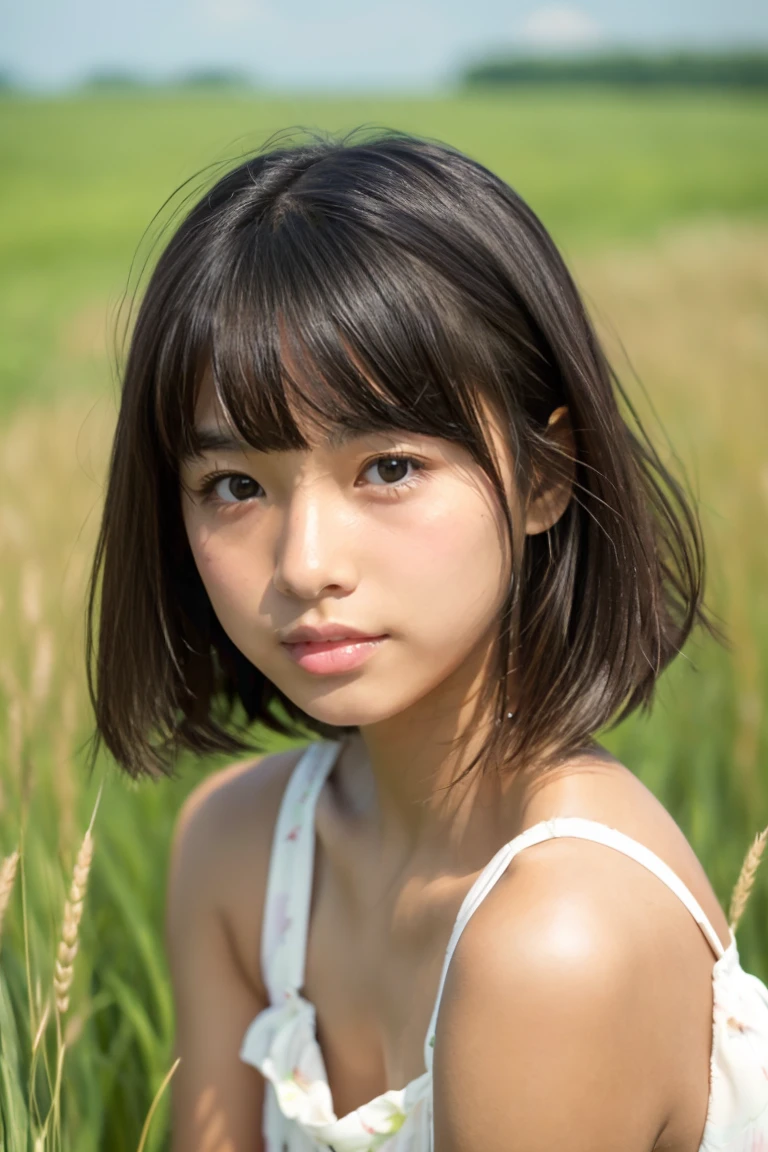 tanned beautiful girl、japanes、17 age、Summer Dress、Wheat field、up of face、Hair growth、short-hair、With bangs、hair adornments、poneyTail、thick lip、